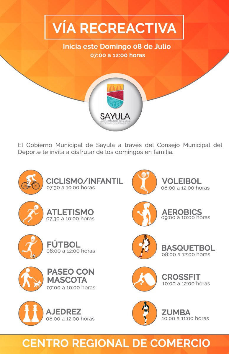 SayulaGob's tweet photo. El Gobierno Municipal de Sayula a través del Consejo Municipal del Deporte te invita a disfrutar de los domingos en familia en la Vía Recreactiva en el Centro Regional de Comercio, a partir de este 08 de julio.
#VíaRecreactiva #CentroRegionaldeComercio #DomingosFamiliares https://t.co/joiGYaNuKe