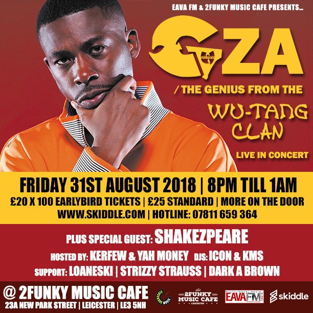 FridayFlexShow's tweet photo. #NewProfilePic @TheRealGZA LIVE @2funkymusiccafe 31.08.18 hosted by @eavafm @KerfewMusic #Leicester #UK PLUS @SHAKEZPEARE @DARKABROWN @Loaneski @DJIconUK @strizzystrauss #hiphop #gza #wutang https://t.co/7kKTMd1PO8