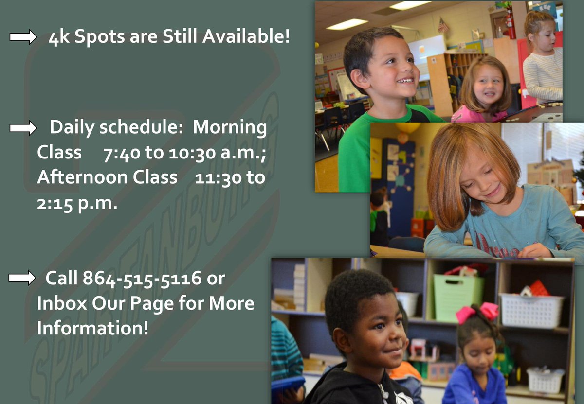 SpartanburgD2's tweet photo. It's not too late to register your child for our 4k Program! https://t.co/QF2cALr6e0
