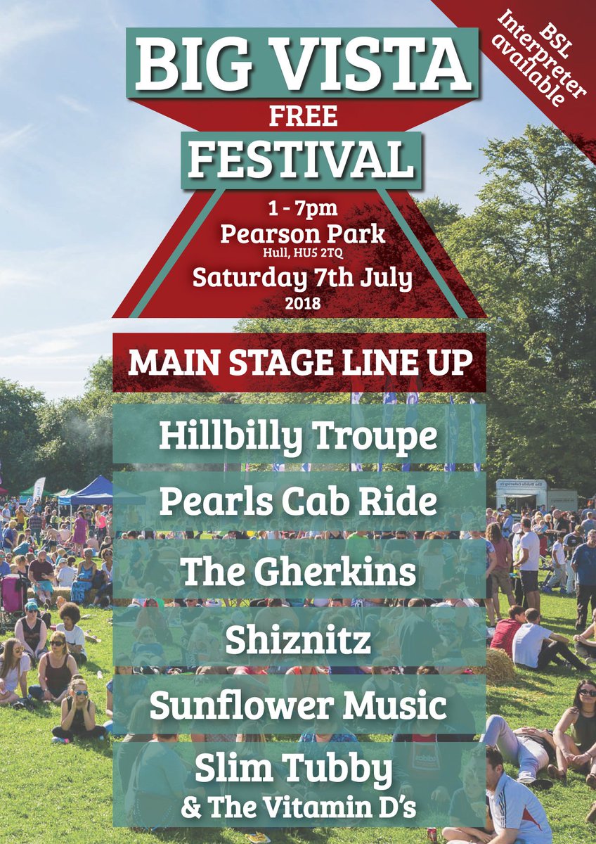 HullRedClub's tweet photo. Main stage line up for The Big Vista Festival happening in just 5 days!! Music, entertainment, family fun and lots more will be happening and it's all FREE #Hull #Music #FestivalSeason #FreeEvent #CityofCulture #Inclusivity https://t.co/XAvcWPLNiN