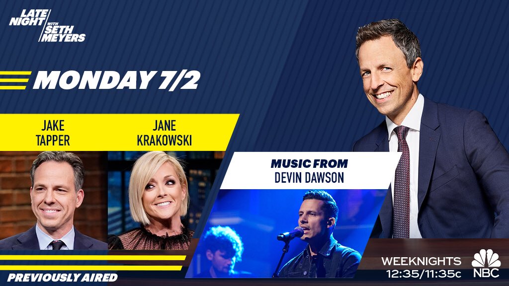 LateNightSeth's tweet photo. Tonight: @jaketapper, Jane Krakowski and @zdevin! https://t.co/8wFEgggUwC