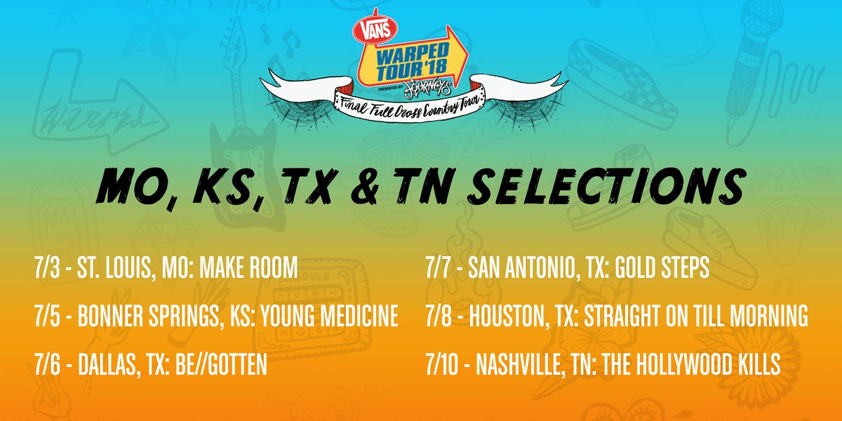 ReverbNation's tweet photo. Congrats to @MakeRoomBand, @Young_Medicine, @BEGOTTEN_BAND, @GoldStepsATX, @SOTMorGTFO &amp; @hollywoodkills for being selected to play @VansWarpedTour 2018! They’ll be joining 3OH!3, Mayday Parade &amp; more on tour stops in MO, KS, TX &amp; TN. https://t.co/MV15zVAMRX