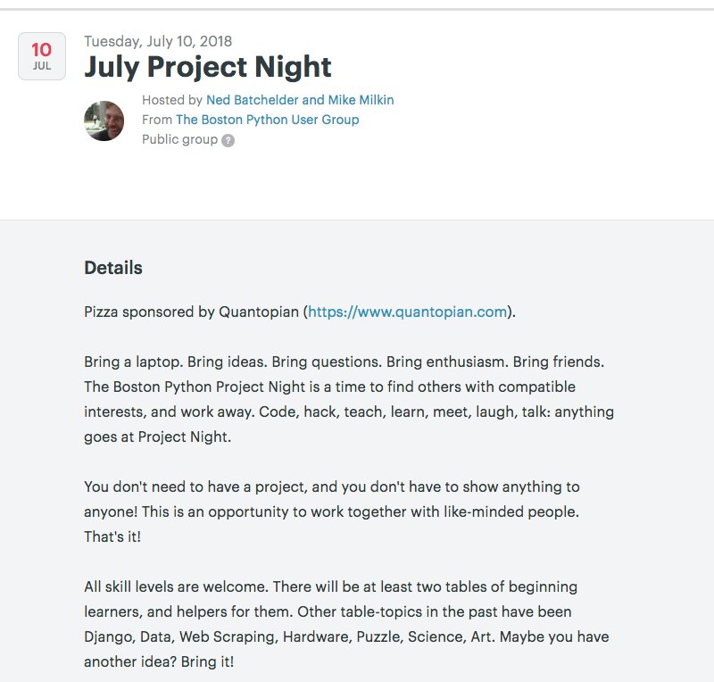bostonpython's tweet image. July's #bostonpython #project night is July 10th at @MSNewEngland's NERD center with pizza sponsored by @quantopian.