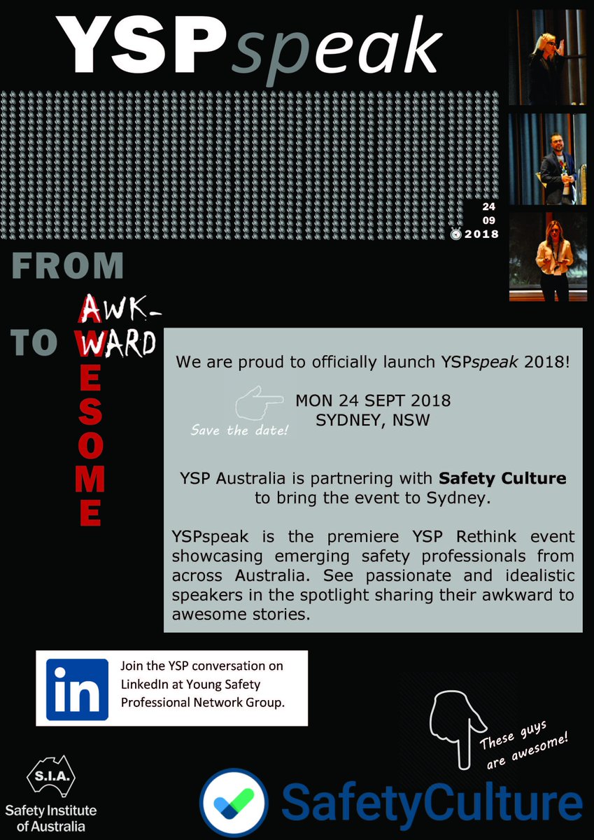 safeexpectation's tweet photo. IT'S OFFICIAL - LAUNCHING YSPspeak 2018!
@YSP_Aust is partnering with @SafetyCultureHQ to bring YSPspeak to Sydney!
MON 24 SEPT 2018 - SYDNEY, NSW
#fromawkwardtoawesome #YSPspeak2018 @SIA_OHSProf
Got something to say?
Speaker nominations are now open:
https://t.co/EQKCYEznoD https://t.co/SjdkEOlumQ