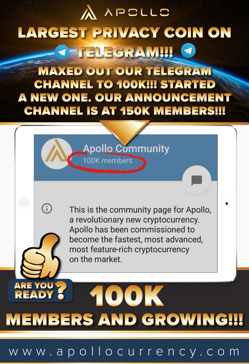 ApolloCurrency's tweet image. Over 100K Telegram members. We are the largest privacy coin Telegram channel in the galaxy! 

#Apollonauts #apl #crypto #coin #currency #apollocurrency #apollo #olympusprotocol