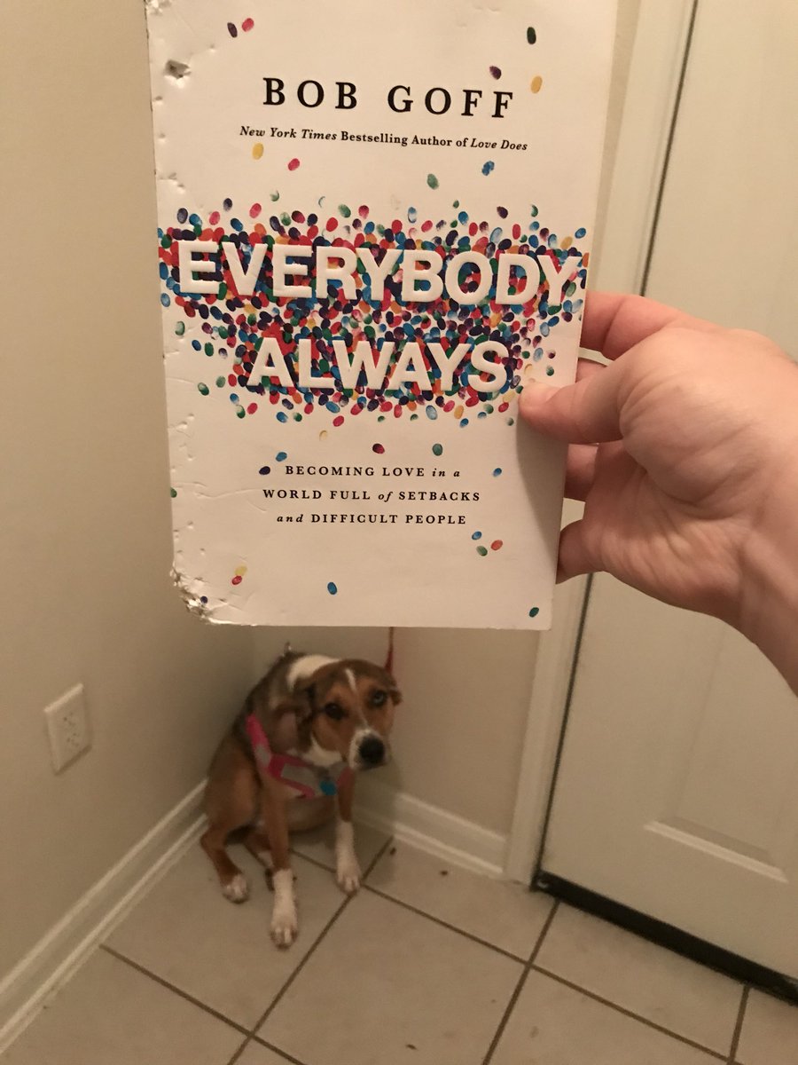 Kalepthomas's tweet photo. I guess our dog likes Everybody Always by @bobgoff as much as we do (she also really enjoyed eating a bag of chips a box of fruit snacks, a tube of chapstick and a couple bottles of Tylenol...... @HannahGoldapp https://t.co/yuJ4wp56EC