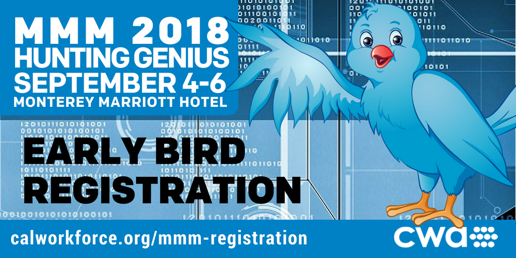 CAWorkforce's tweet photo. DON't MISS OUT - Early Bird Registration ends July 20th for #MMM2018 - Hunting Genius, Sept 4-6, Monterey Marriott Hotel. Go To> https://t.co/EzJwq2USLO   Pre-Cons, Plenaries, 60 - Workshops, Exhibitors, Networking Events &amp; MORE! #wkforceConference #wkforcePartnerships #wkdev https://t.co/ssp42jqlPz