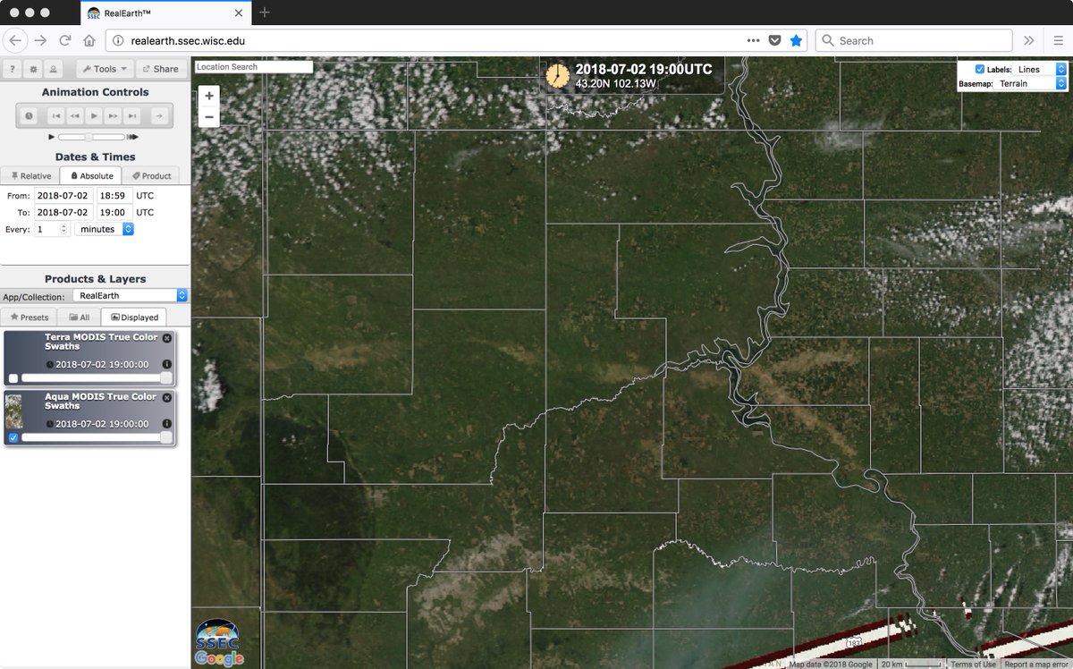 CIMSS_Satellite's tweet photo. @NWSAberdeen Today's Aqua MODIS True Color image also nicely highlights the segmented west-to-east hail/wind damage swath of 29 June &amp; the northwest-to-southeast hail/wind damage swath of 27 June  https://t.co/pDTn2RelpO In RealEarth: https://t.co/rkstuwPouX @NWSRapidCity @NWSAberdeen #SDwx https://t.co/MVweELMA66
