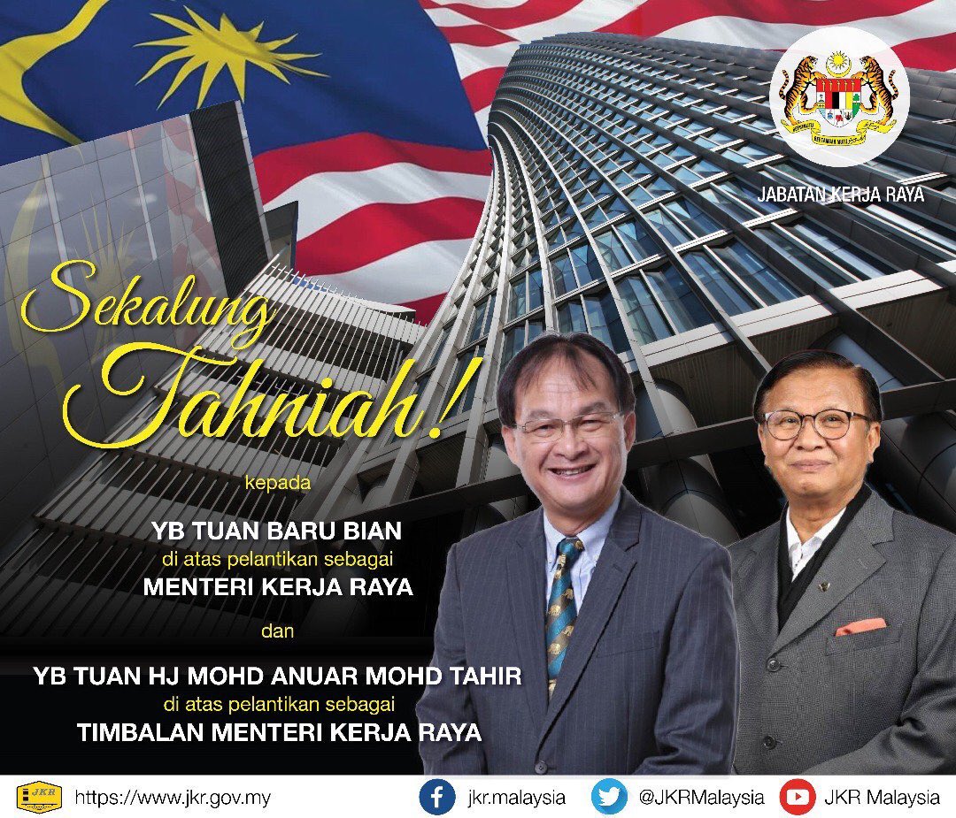 Warga Caw. Kontrak &amp; Ukur Bahan, JKR Malaysia merakamkan ucapan tahniah di atas pelantikan YB Tuan Baru Bian sbg Menteri Kerja Raya dan YB Tuan Haji Mohd Anuar Mohd Tahir sbg Timb. Menteri Kerja Raya. <a href="/baru_bian/">Baru Bian</a> <a href="/HjAnuarTahir/">Hj Anuar Tahir</a> <a href="/ZohariAkob/">Dato Sri Zohari Akob</a> <a href="/RoslanMdTaha/">Roslan Md Taha</a> <a href="/JKRMalaysia/">JKR Malaysia</a> <a href="/RozitaYahya1/">Rozita Yahya</a>