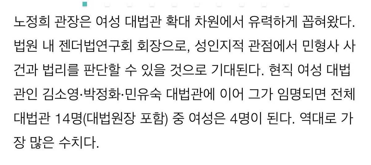 rt) “노정희 법원도서관 관장은 젠더 관점을 지닌 이화여대 출신 여성 법관이다... 그가 임명되면 전체 대법관 14명 중 여성은 4명이 된다. 역대로 가장 많은 수치다” 자한당은 정치적 편향성을 이유로 벌써 반대를 표명했다고. 

m.hani.co.kr/arti/society/s…