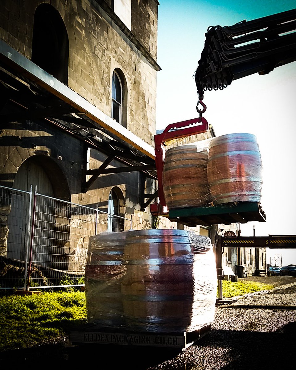 Hoisting some freshly dumped red wine casks. Ready to be filled with new make!