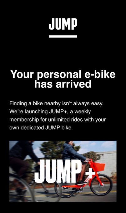 Uber&rsquo;s @jumpbikes is getting into the subscription biz with Jump+: $12 a week for &ldquo;unlimited use of your<a class="tags" target="_blank" title="On Twitter" href="/?out=eyJ0eXAiOiJKV1QiLCJhbGciOiJIUzUxMiJ9.eyJpYXQiOjE3MjI0MTQ3NDIsImlzcyI6InR3cG9ybnN0YXJzLmNvbSIsIm5iZiI6MTcyMjQxNDc0MiwiZXhwIjoxNzUzOTUwNzQyLCJyZWRpcmVjdF91cmwiOiJodHRwczovL3R3aXR0ZXIuY29tL2p1bXBiaWtlcyJ9.T3x4ygfRWYtuY_BQv1rZC3k9cqY5db9agP3nHK4VmXvpBse1x90o1ydCdj4y3ilUH0C1v0CHrEvKoR4EH4WhTA">@jumpbikes</a>