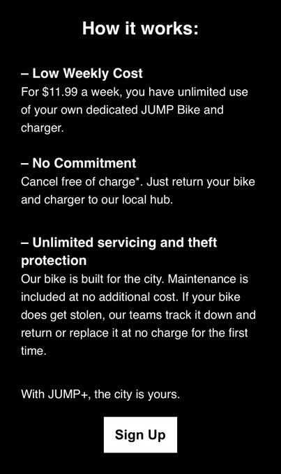 Uber&rsquo;s @jumpbikes is getting into the subscription biz with Jump+: $12 a week for &ldquo;unlimited use of your<a class="tags" target="_blank" title="On Twitter" href="/?out=eyJ0eXAiOiJKV1QiLCJhbGciOiJIUzUxMiJ9.eyJpYXQiOjE3MjI0MTQ3NDIsImlzcyI6InR3cG9ybnN0YXJzLmNvbSIsIm5iZiI6MTcyMjQxNDc0MiwiZXhwIjoxNzUzOTUwNzQyLCJyZWRpcmVjdF91cmwiOiJodHRwczovL3R3aXR0ZXIuY29tL2p1bXBiaWtlcyJ9.T3x4ygfRWYtuY_BQv1rZC3k9cqY5db9agP3nHK4VmXvpBse1x90o1ydCdj4y3ilUH0C1v0CHrEvKoR4EH4WhTA">@jumpbikes</a>