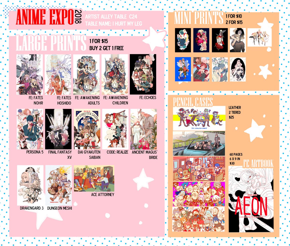 i'll be tabling at anime expo this weekend at table c24 with @rokudo/@SORDHAND!!! here's my catalog of most of the merch i'll have!!! 