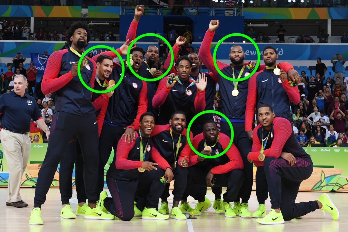 JeffDLowe's tweet photo. The Golden State Warriors 2018-2019 starting five now consists of FOUR #TeamUSA Gold Medalists from the 2016 Rio Olympic Games.

Their fifth starter is Steph Curry. https://t.co/XdNlf4kp85