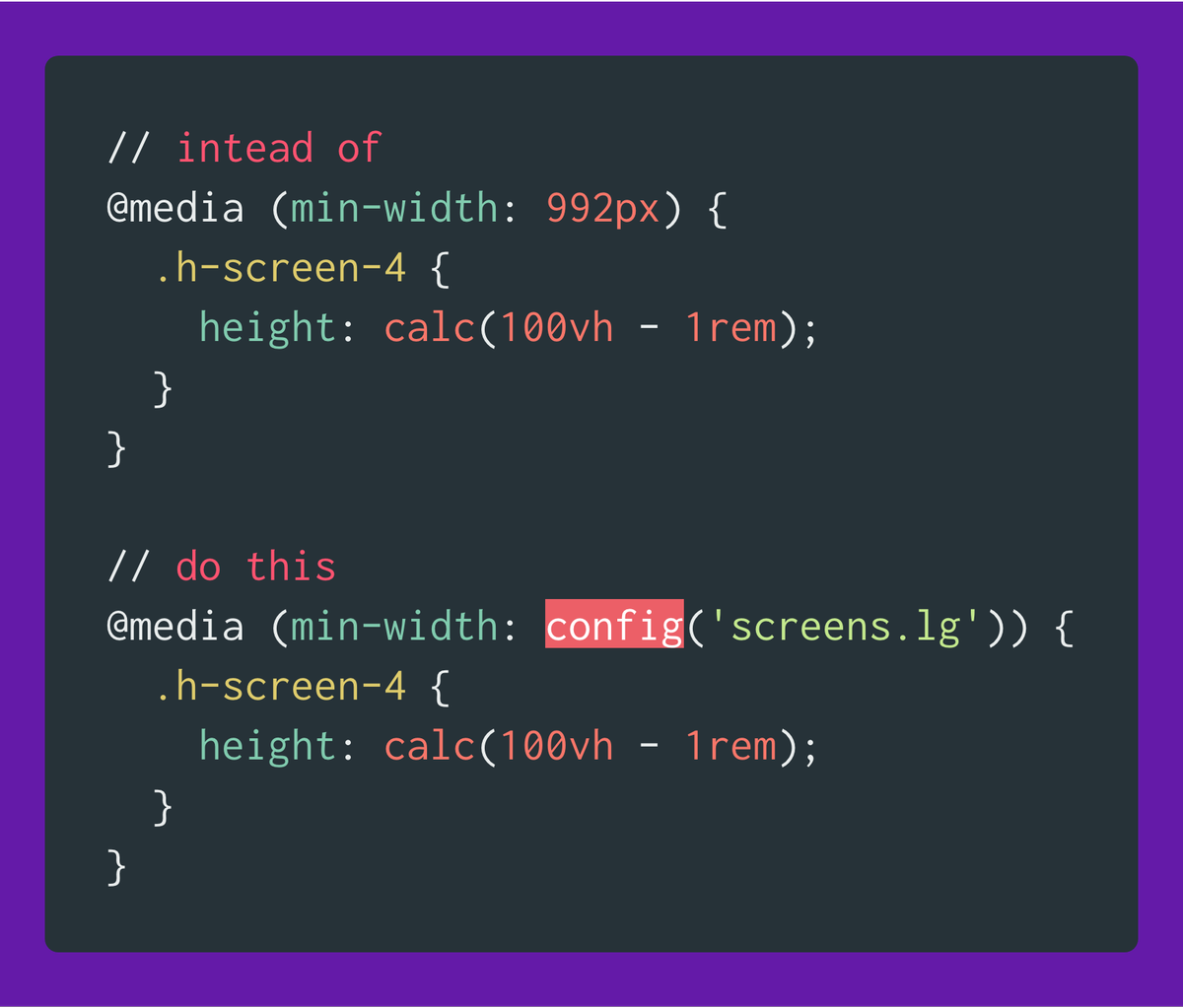 clevonnoel's tweet photo. 👍🏽A quick tip in @tailwindcss instead of hardcoding the value you can access the tailwind configuration values by using the 'config' function https://t.co/KgrEhTVGwt