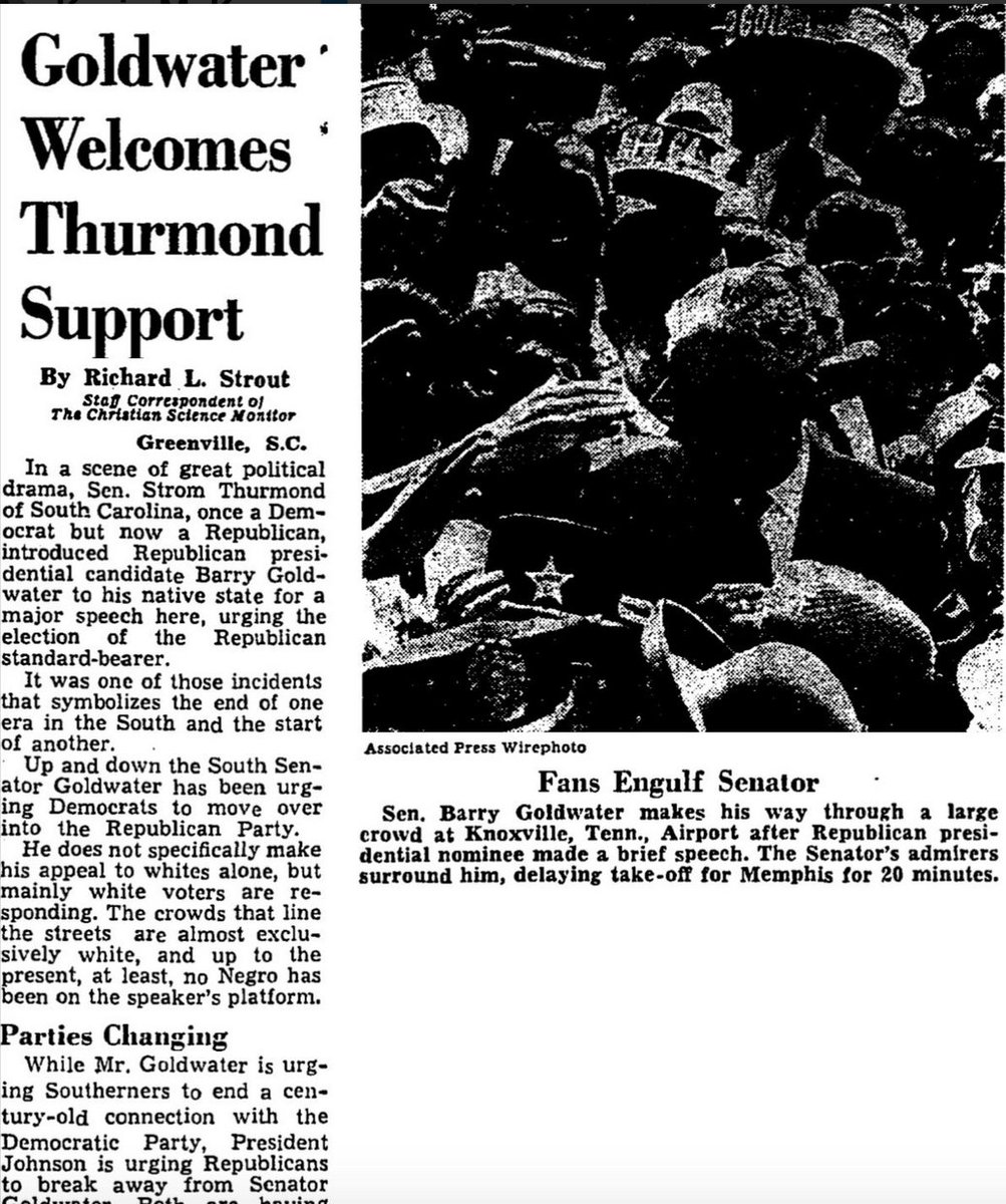 1. First and foremost, of course, there's Strom Thurmond, the Dixiecrat presidential candidate, who was welcomed into the GOP in 1964 -- and, importantly, allowed to keep his seniority and thus all the power that came with it in Congress. (No other Southern Democrats were.)