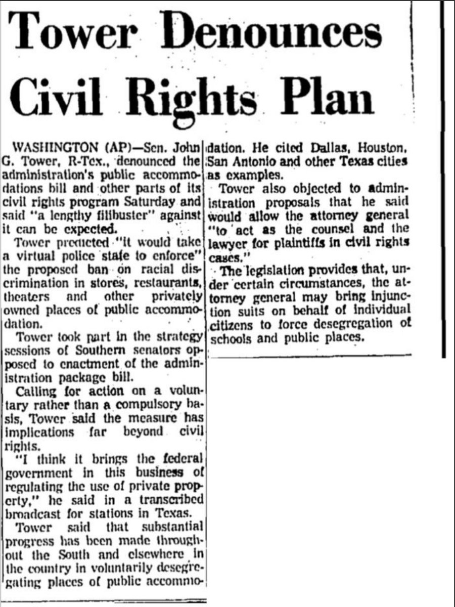 2. But before Thurmond, John Tower left the Democrats in the early 1950s and won election as the first GOP senator in the modern South. Tower spoke out against civil rights, joined with S. Dems to plot filibusters, and voted against the Civil Rights Act & Voting Rights Act.