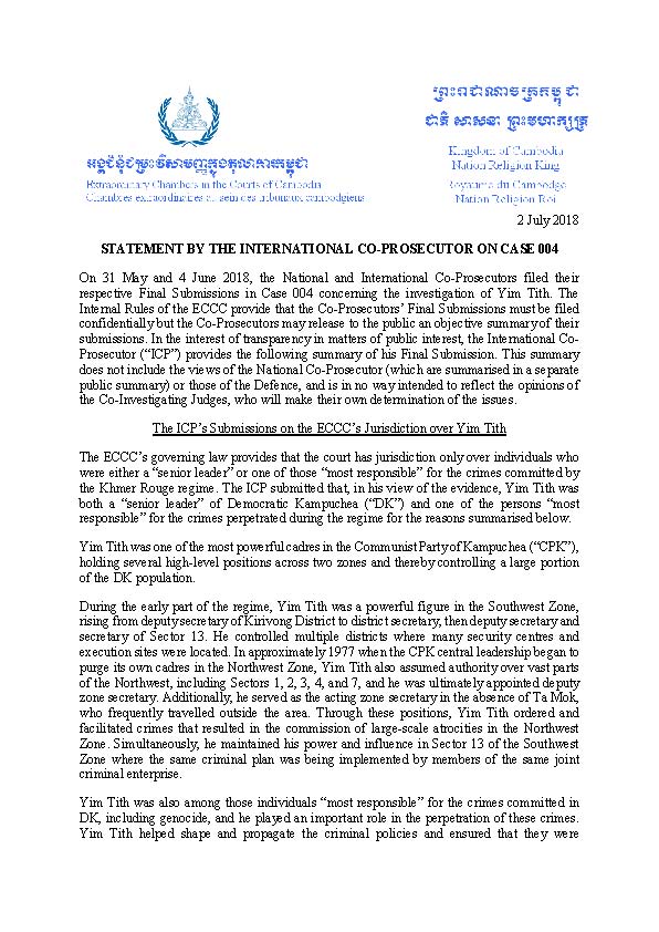 KRTribunal's tweet photo. On 31 May and 4 June 2018, the National and International Co-Prosecutors filed their respective Final Submissions in #Case004 concerning the investigation of #YimTith. Co-Prosecutors may release to the public an objective summary of their submissions. #ECCC #KRTribunal https://t.co/9sWREN42x9