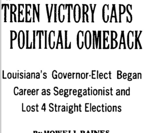 5. Rep. Dave Treen (R-LA) -- protege of legendary segregationist Leander Perez and a 1960 elector for the States Rights Party (a.k.a. "the Dixiecrats") -- switched to the GOP in 1962. He lost a few early races, but then won his seat in 1973 and later became governor in 1980.