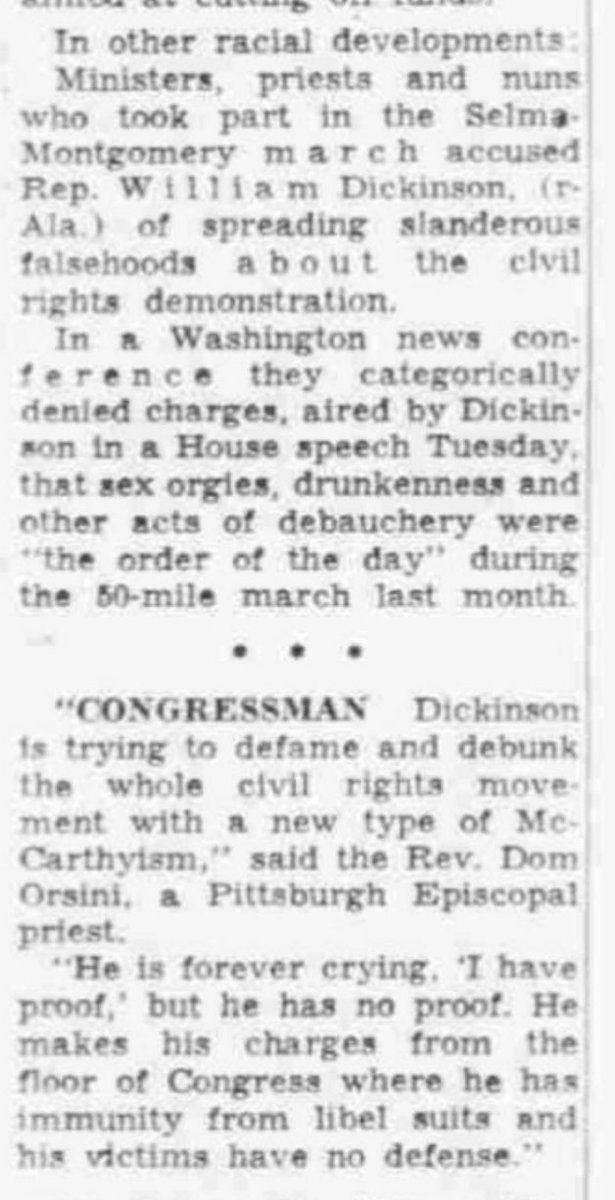 8. Rep. Bill Dickinson (R-AL), originally elected as a Democratic judge, likewise switched to the GOP and made headlines during the Selma-to-Montgomery march. He insisted, from the House floor, that the civil rights marchers were actually a radical group engaged in wild orgies.