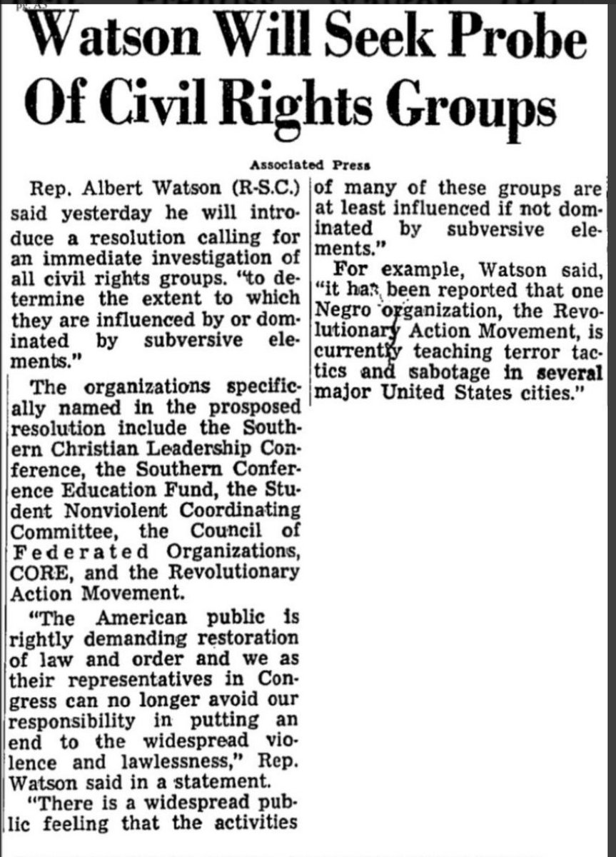 So Rep. Watson resigned from Congress in 1965 (after voting against the  VRA), became a Republican, and retook his old seat in a special election.   After he won, he called for investigations into "subversive" civil rights groups.