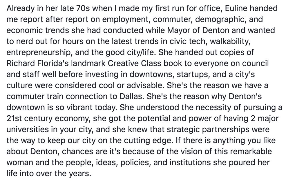 If there is anything you like about Denton, chances are it is because of the vision of former Mayor Euline Brock. RIP