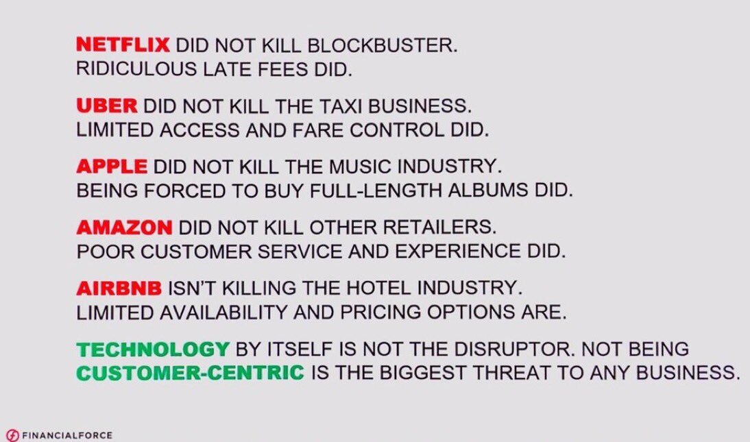 .@Netflix did not kill blockbuster. Ridiculous late fees did.

<a href="/Uber/">Uber</a> did not kill taxi business. Limited access and fare control did.

@Amazon did not kill other retailers. Poor customer service did. 

Not being customer-centric is the biggest threat to any business. —<a href="/betobrea/">Alberto Brea</a>