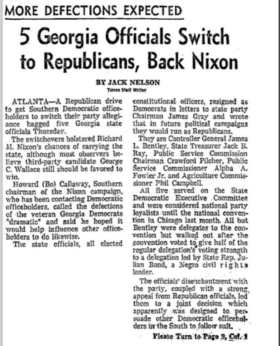 Or you can consider the switches made by state-level elected officials. 26-30. For instance, in 1968, five of the top officeholders in Georgia switched from the Democrats to the Republicans: