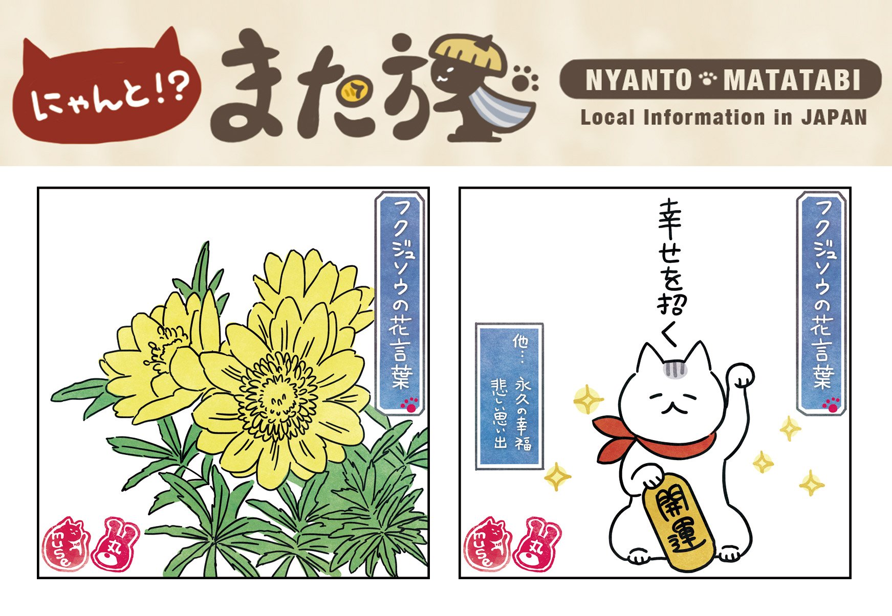 にゃんと また旅tv Nyantabi 公式 第191回 にゃんとまた旅カレンダーは また旅花言葉 フクジュソウの花言葉 ねこ 漫画 花言葉 永久の幸福 悲しい思い出 フクジュソウ 観光 T Co 0ogg1cy7u1 T Co Oyawrdtq3u Twitter