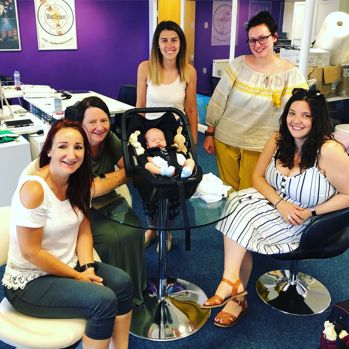 HuddleMedia's tweet photo. Today we have a special visitor in #HuddleHQ - our first ever #HuddleBaby Noah - thank you @charliegeorge1 for bringing him in to see us, the ladies have fallen in love... ๐๐ #TeamHuddle #babyboy https://t.co/GwkM9W0myK