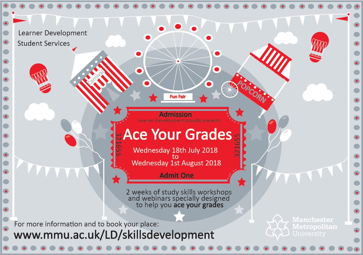 StudentHubMMU's tweet image. Re-assessments in August? Or just want to learn some new things over the summer.  Make sure you book onto the "Ace Your Grades" Workshops and Webinars running from the 18th July until the 1st August. bit.ly/2tPg8tU @ManMetUni #manmet