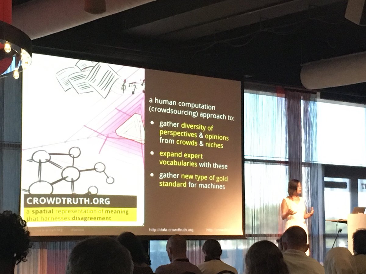 DenDitte's tweet photo. Keynote @laroyo sharing intriguing experiences with teaching machines to “understand” ambiguity through combining machine strength with human interpreters - even exact sciences need to take interpretations into account #NarrativeConf https://t.co/FMu6HTVv27