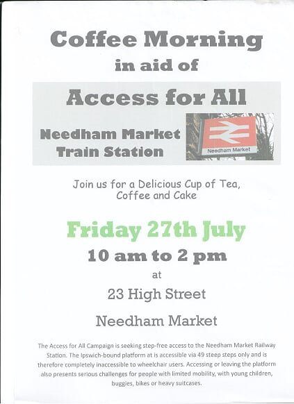 NMAccessForAll's tweet photo. #CoffeeMorning Friday 27th July 10am - 2pm #NeedhamMarket in aid of #AccessforAll Needham Market Train Station. https://t.co/4yxKvaamFq
