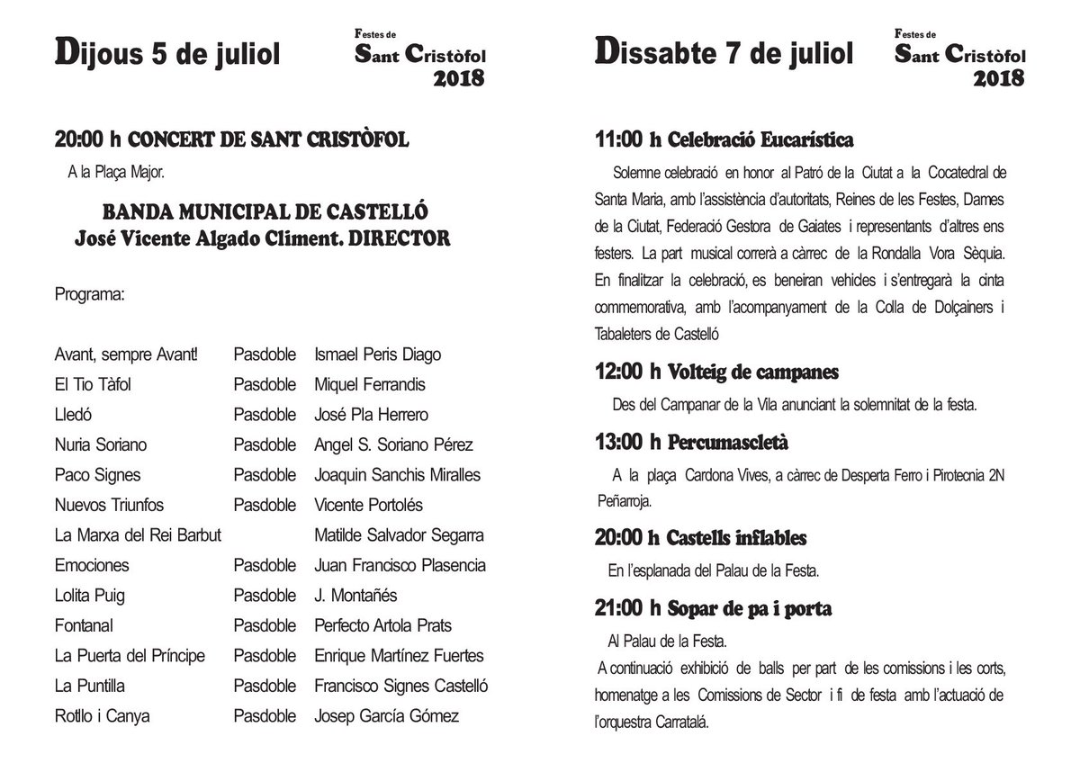 Els deixem el programa de les Festes de Sant Cristòfol, que es  celebraran els propers 5 i 7 de juliol. El dissabte 7, a les 13 hores,  tindrà lloc a la Plaça Cardona Vives la Percumascletà, a càrrec de  desperta Ferro i Pirotècnia 2N Peñarroja.
