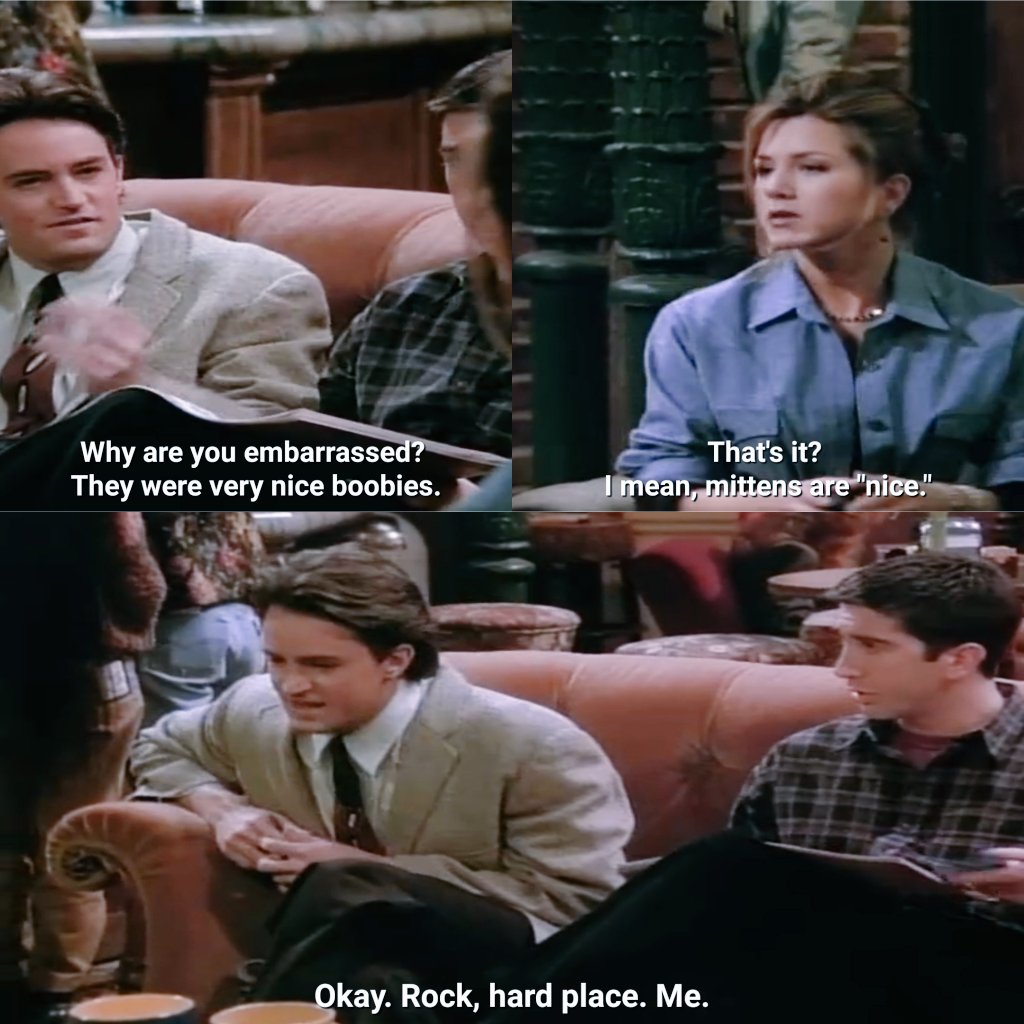 Thosesix's tweet photo. Chandler : Okay. Rock, hard place. Meeee.
(Chandler 😂 slaying since 1994 )
#ChandlerBing #FriendsTvShow. https://t.co/gCvu0d8IJE