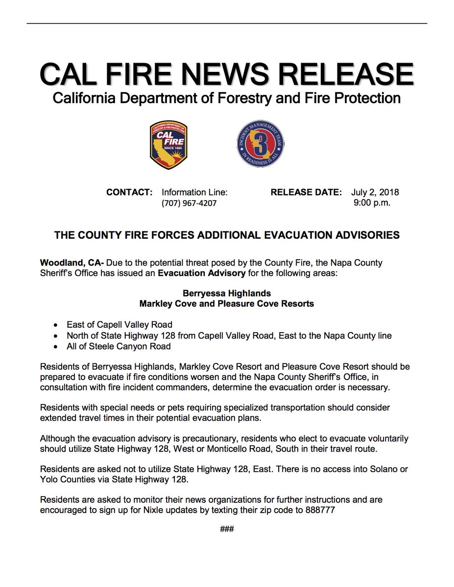 #CountyFire [update] Due to the potential threat posed by the County Fire, the Napa County Sheriff’s Office has issued an Evacuation Advisory for the Berryessa Highlands, Markley Cove, and Pleasure Cove Resorts.