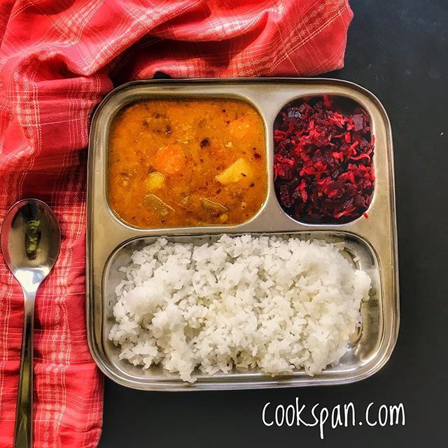 cookspan's tweet photo. There are days when I really crave South Indian food apart from the Tiffins. So I cooked this yummy satisfying lunch  with well balanced flavors n delectable colors. 
In my platter today: Plain Rice, mixed veggie Sambar, Beetroot Poriyal.
#cookspan #food… https://t.co/MRiHHswPe7 https://t.co/06VzfJ3xv0