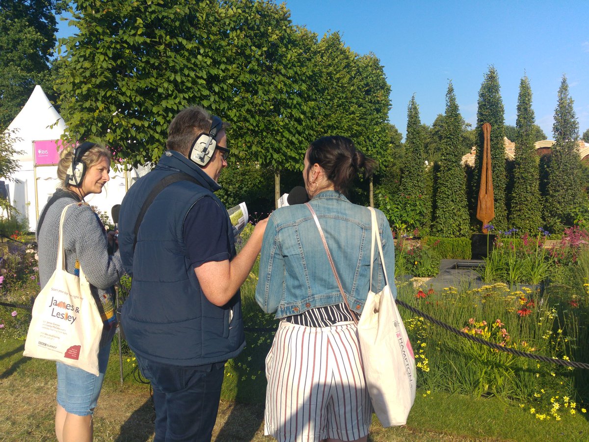 BBCSurrey's tweet photo. Taking a nose at some of the show gardens @The_RHS #RHSHampton with show manager @gemmalake11 @JamesCannon66 @lesleymccabeFM https://t.co/VEHZAuajSs