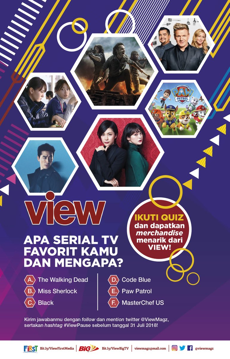 viewmagz's tweet photo. Quiz #ViewPause ada satu lagi..
Pilih serial TV favorit kamu dan sertakan alasannya. Jawaban paling favorit akan mendapat merchandise menarik dari View dan tiket nonton gratis!
*Pemenang akan diumumkan melalui DM langsung.
#serialfavorit #tvtime https://t.co/ewoPSz6Uso