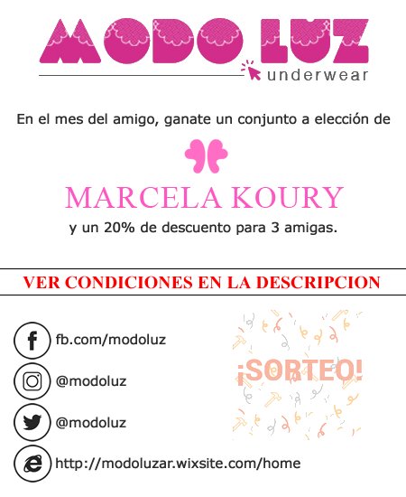 ModoLuz's tweet image. SORTEO &quot;MES DEL AMIGO&quot;

CONDICIONES:

* Seguinos en Facebook, Instagram y Twitter
* Dale Me Gusta! (Y) a la publicación
* Etiqueta a 3 amigas en un comentario
* Compartí la publicación

Se sortea el 01/08 y la ganadora sera anunciada por este medio.

🎆🎇¡¡NO TE LO PIERDAS!!🎇🎆