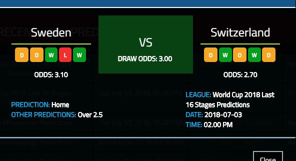 sureforecast's tweet photo. Up next π
Sweden π Switzerland | World Cup
Prediction 2-1 β
View More >> https://t.co/0utX3LiyQM
#Prediction #BetNow #Betting #SureBet #Bet9ja #Merrybet #Nairabet
#BetKing #WorldCup #Messi #Ronaldo
#Sureforecast... The Bookies Nightmare https://t.co/EMktWFLO9A