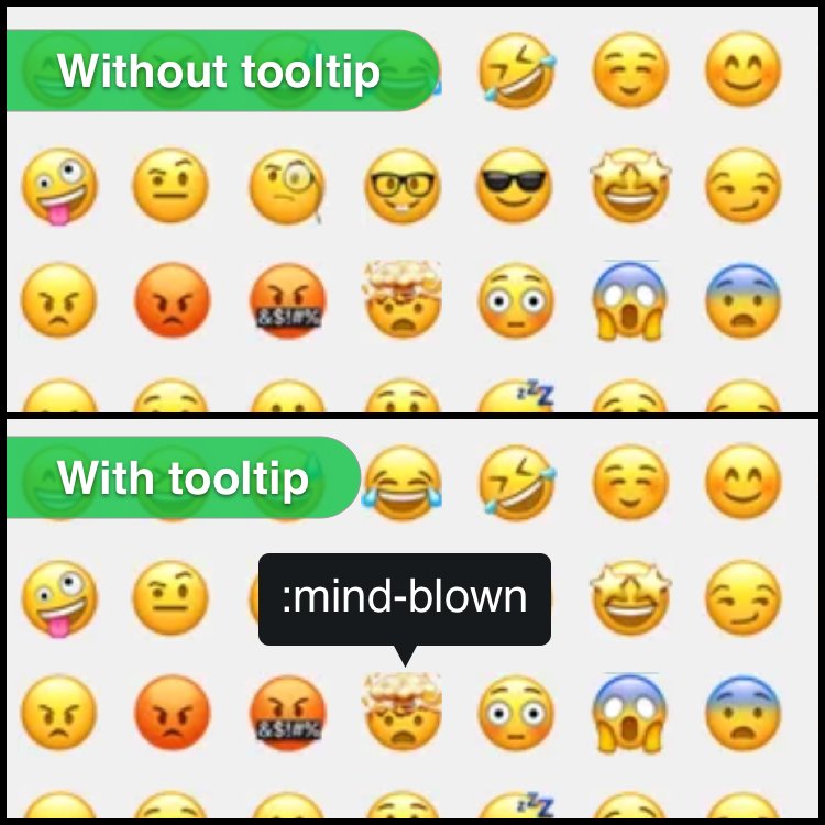 haideralmosawi's tweet image. WhatsApp Web allows you to enter emojis by typing in a keyboard shortcut starting with a colon. Example: :grin for 😬. However, it&apos;s not clear what the shortcut is for many emojis. A simple fix for this would be to add a tooltip. #ux #simplefixes