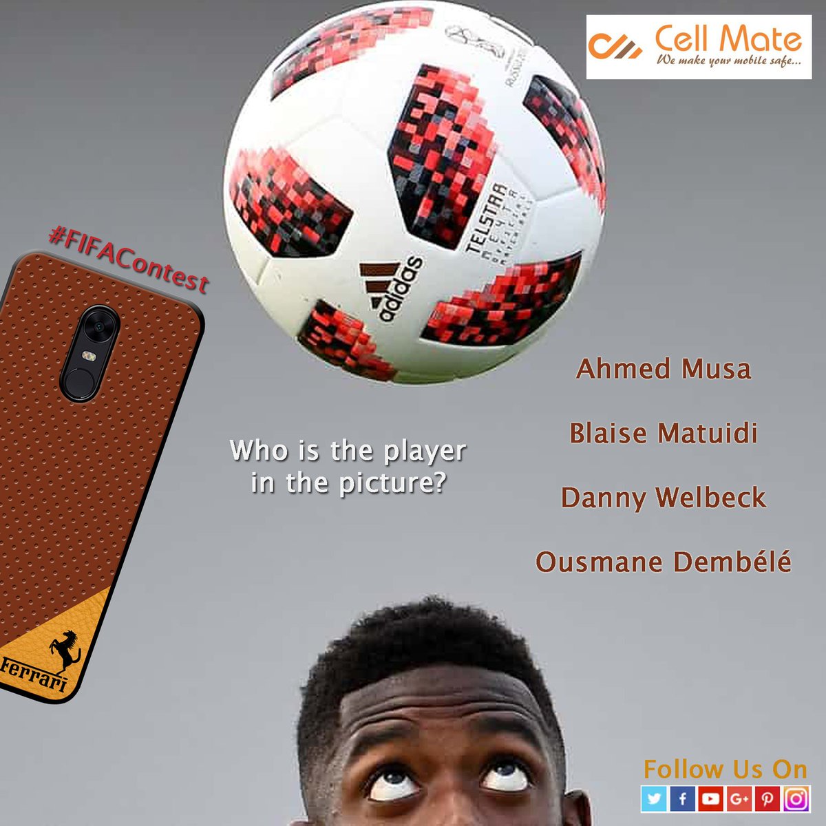 #FIFAContest #ContestAlert

Q. Who is the player in the picture?

Refer T&amp;C*

Shop Our #MobileCover @ bit.ly/2Jz34yF

#Cellmate #WeMakeYourMobileSafe #FIFAWorldCup #Russia2018 #PredictAndWin #FIFAMadness #Contest #Campaign #GiveAway