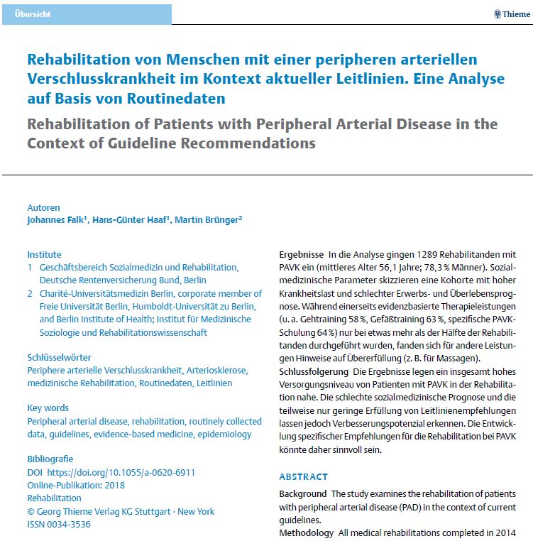Erfolgt #PAVK #Rehabilitation gemäß #Leitlinien? Neue Publikation auf Basis von #DRV #Routinedaten erschienen mit Dr. Falk (<a href="/DRV_Bund_Reha/">Reha – Ihre Chance</a>) <a href="/ChariteBerlin/">Charité - Universitätsmedizin Berlin</a> @berlinnovation @ThiemeMed thieme-connect.com/products/ejour…
