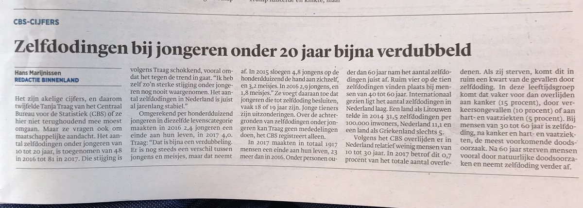 Dramatisch deze nieuwe cijfers over zelfdoding onder tieners. Zaak om nog meer aandacht voor preventie te hebben en <a href="/113preventie/">113</a> Gelukkig heeft het kabinet hier extra middelen voor uitgetrokken.