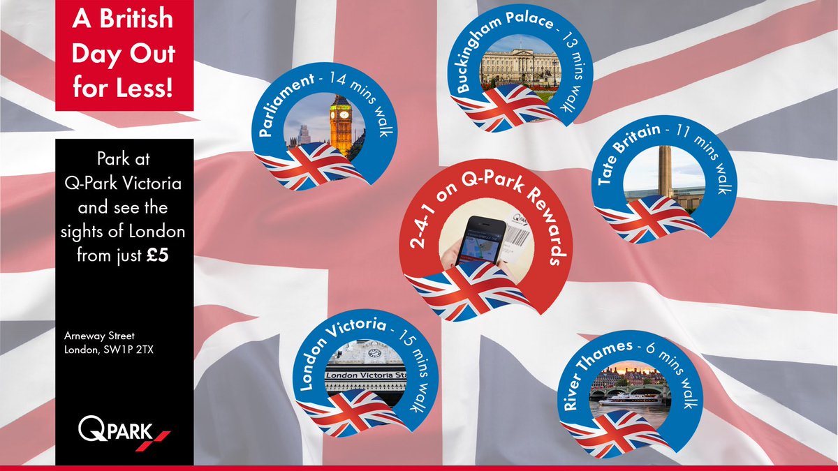 Looking for a very #British day out in #London? Park at Q-Park Victoria from just £5! A short walk away from <a href="/Tate/">Tate</a> <a href="/UKParliament/">UK Parliament</a> #BuckinghamPalace <a href="/NetworkRailVIC/">London Victoria</a>. 241 on the Q-Park Rewards app! buff.ly/2M4nG3l