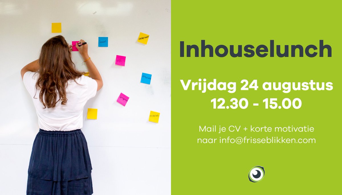 Wil jij Frisse Blikken beter leren kennen? Sluit dan aan bij onze #inhouselunch in augustus! Dit lijkt misschien nog ver weg, maar de zomer vliegt voorbij ;). Aanmelden kan door je #CV + korte #motivatie te mailen naar info@frisseblikken.com. Tot de 24e! #werkenbijfrisseblikken