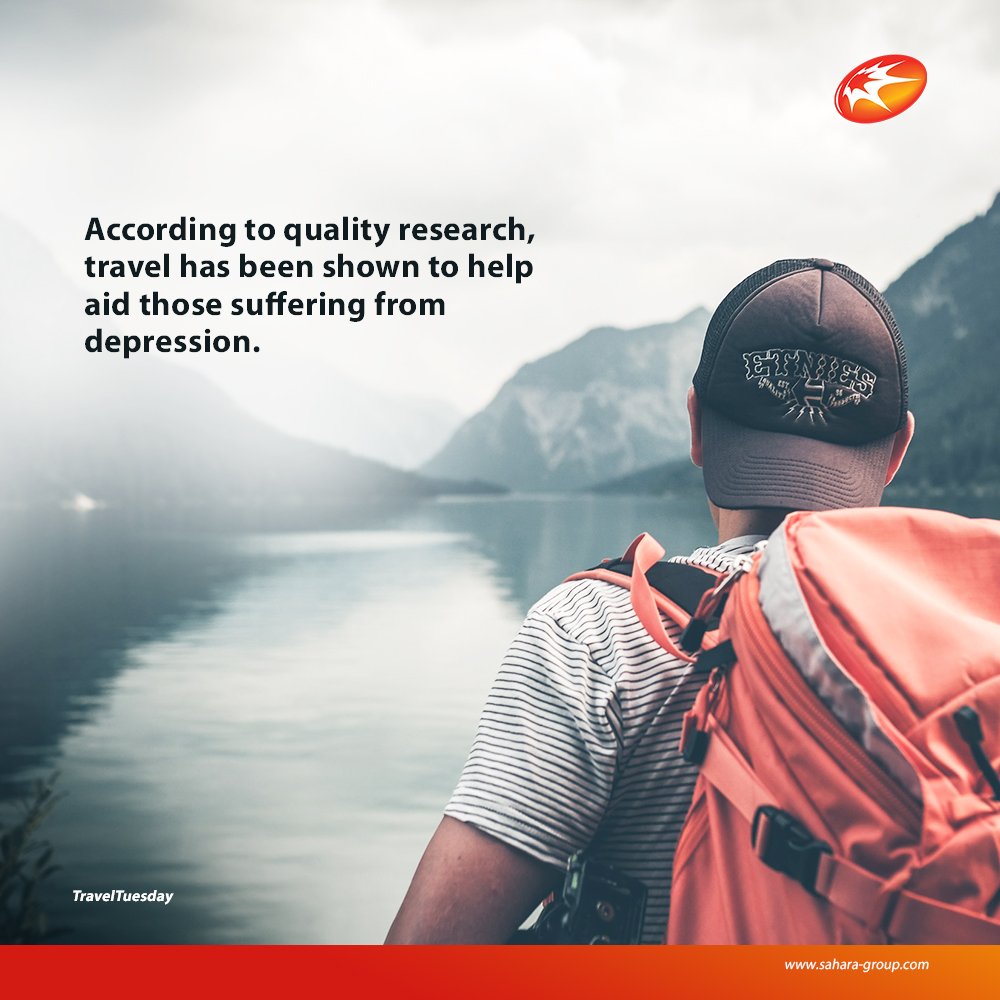 iamsaharagroup's tweet photo. According to quality research, travel has been shown to help aid those suffering from depression. #TravelTuesday #travelfacts #HealthyLiving https://t.co/HvatXdn63w