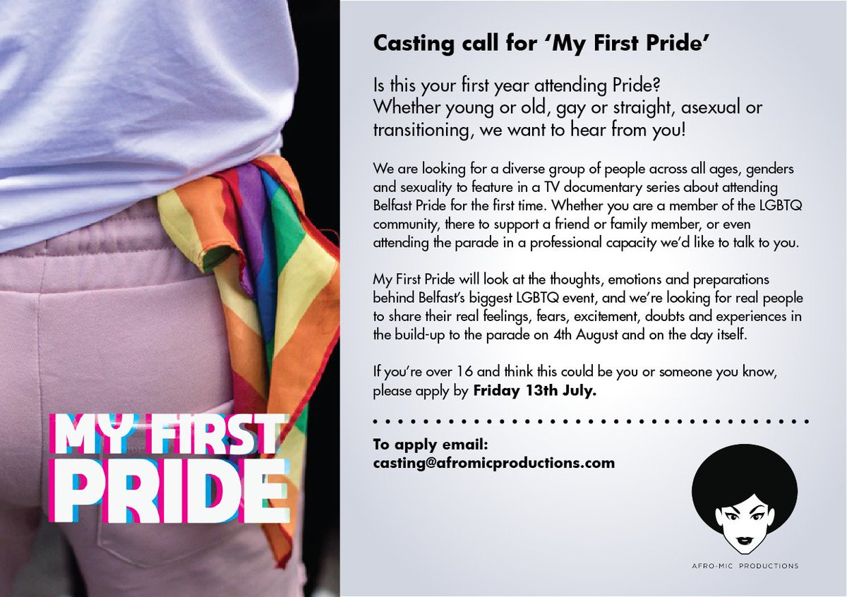 Are you planning on attending Belfast Pride this year for the first time?Afro-Mic Productions are casting 'My First Pride'. This series will follow the stories of people attending their 1st Pride this year. To apply click: goo.gl/forms/oiX3jKyY…